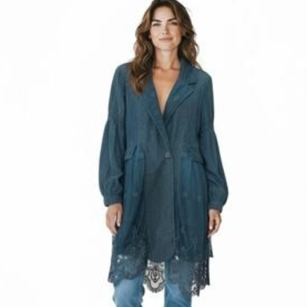 Crosstree Lane Women Turquoise corduroy, and lace, embroidered long overcoat XL